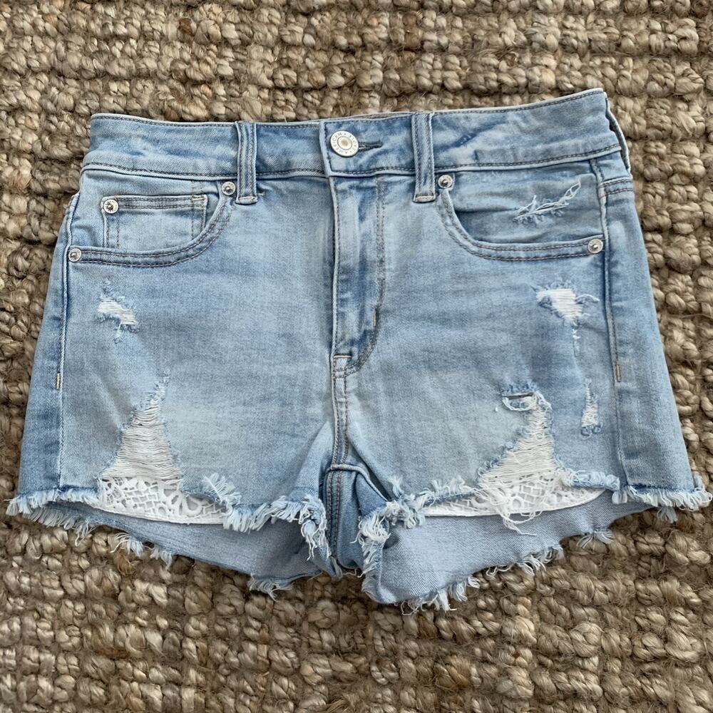 American Eagle Cut Off Shorts Womens 4 Hi-Rise Shortie Stretchy Light Blue Denim